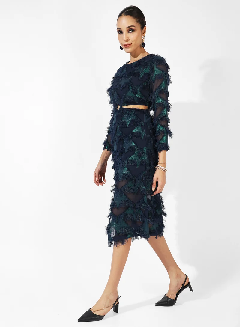 Campus Sutra  Women's Green & Blue Cutout Fringe Dress For Casual Wear | Long Sleeve | Midi Length | Dress Crafted With Comfort Fit And High Performance For Everyday Wear for Women | Best Price UAE